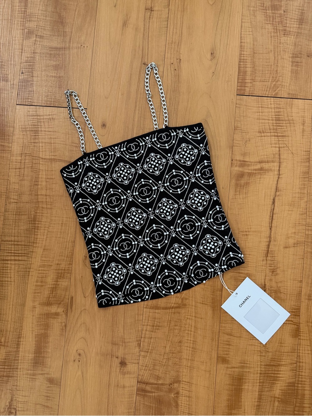 Coco CC Lux Beaded Sparkly Patterned Chain-Strap Stretch Camisole